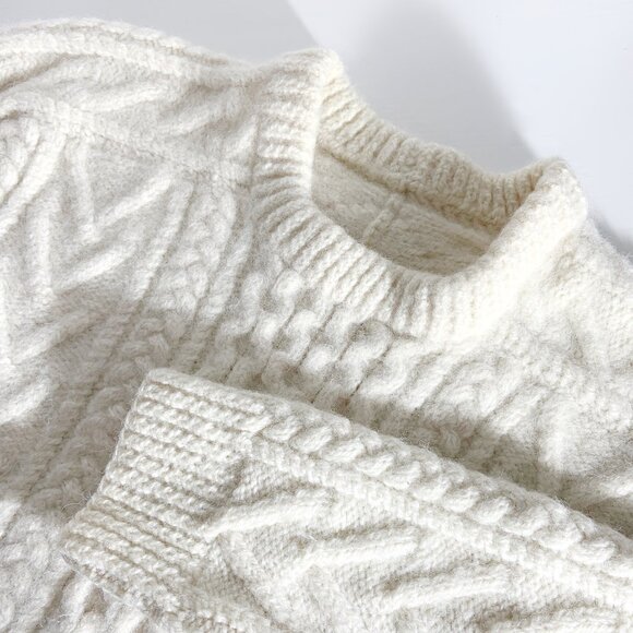 Vintage Cream Wool Fisherman Sweater / Cable Knit Aran Pattern / Small-Medium - Picture 2 of 10